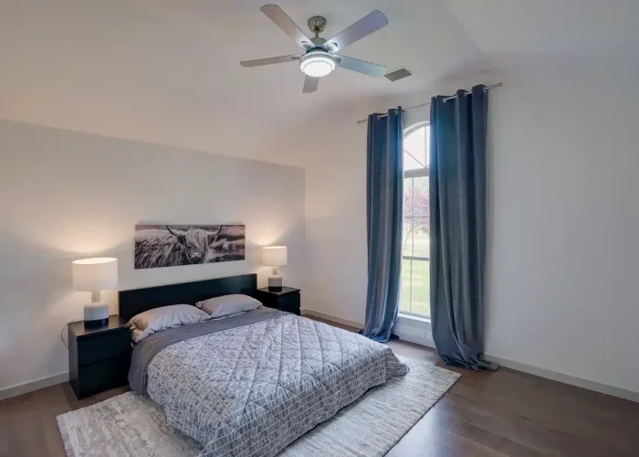 Cozy bedroom with gray bed, black nightstands with lamps, animal photo, dark blue curtains, and ceiling fan.